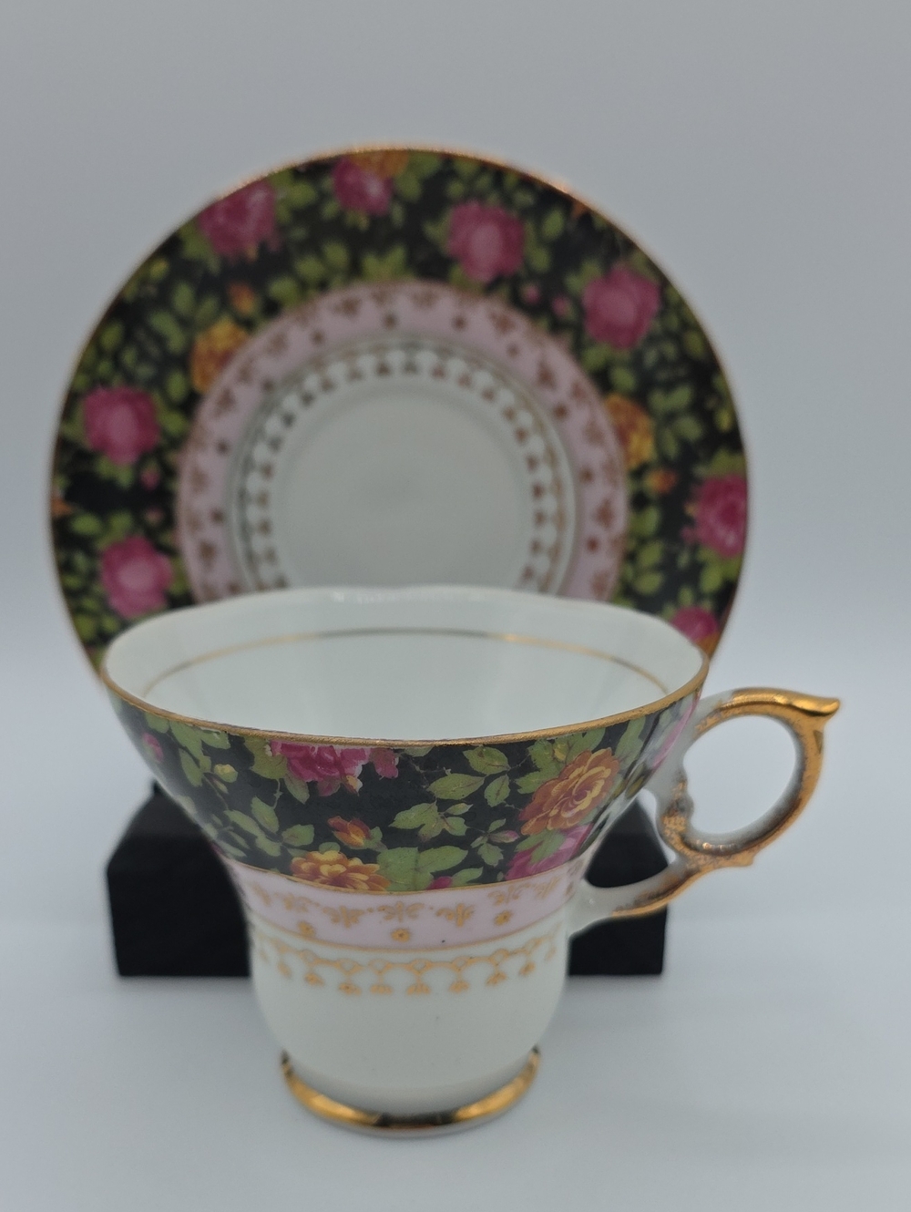 Floral Cup and Saucer Vintage Design # 4683 Multi-Color with Gold Trim